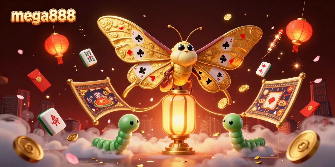 Experience the excitement of mega888 with vibrant casino-themed imagery featuring golden moths and festive elements.