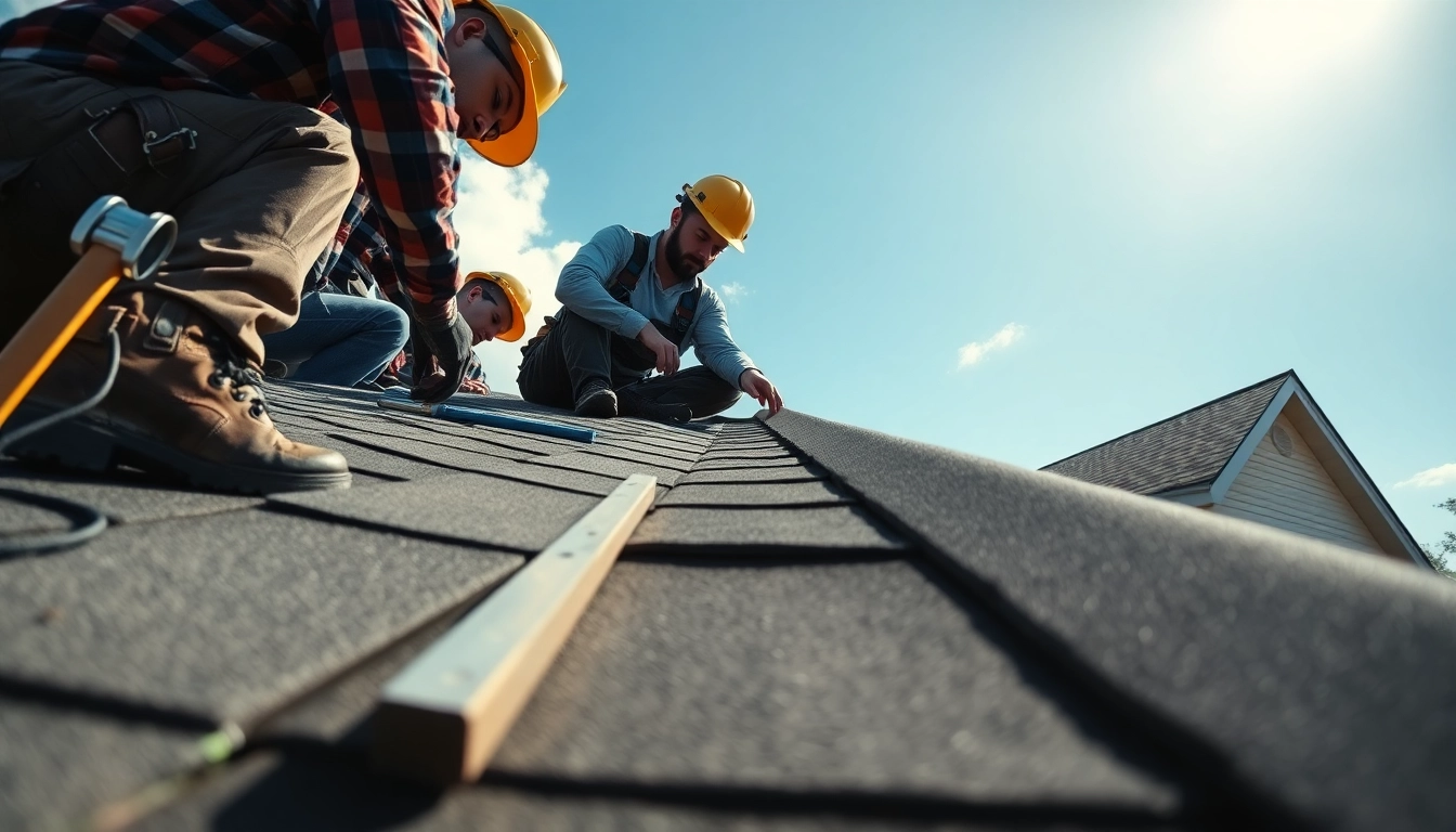 Inspecting twinsburg oh roof repairs on a suburban home with a roofing team in action.
