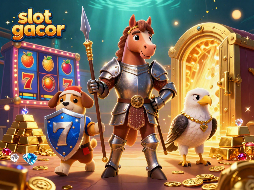 Join the excitement of slot gacor with a thrilling 3D casino scene featuring a knight and allies.