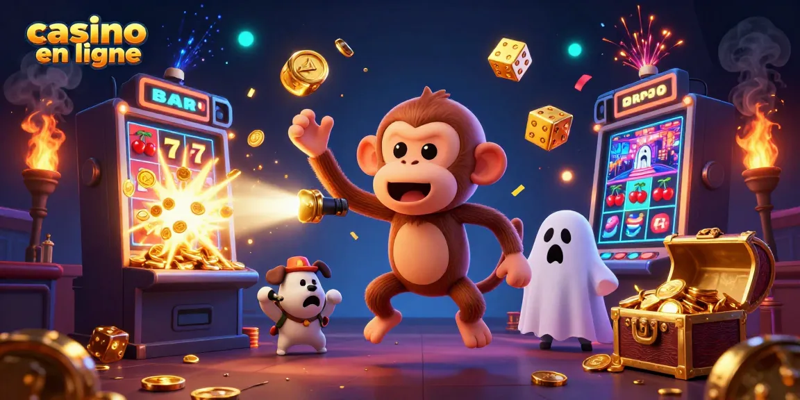 Profitez du meilleur des jeux de casino en ligne avec une illustration dynamique d'un singe poltergeist et un chiot chasseur de fantômes.