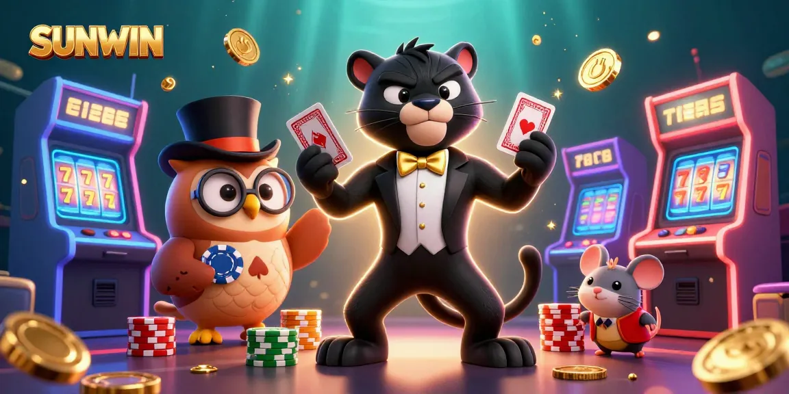 SUNWIN illustrates a black panther dealing cards, flanked by a wise owl and a mouse with poker chips in a vibrant casino scene.