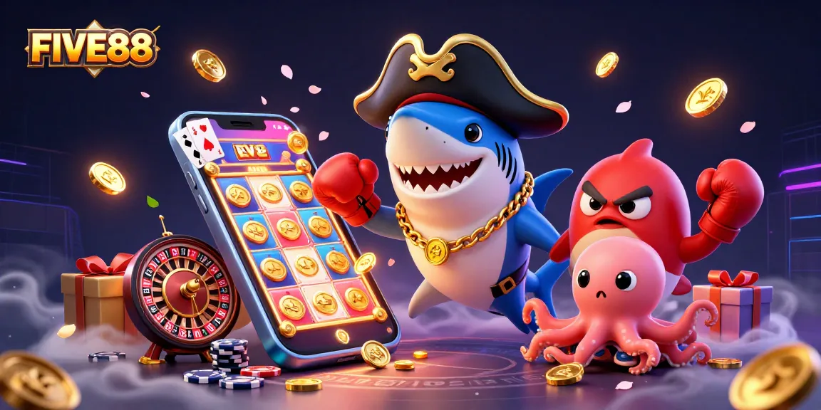 Experience the excitement at FIVE88 with 3D animated casino characters engaged in a vibrant gaming scene!