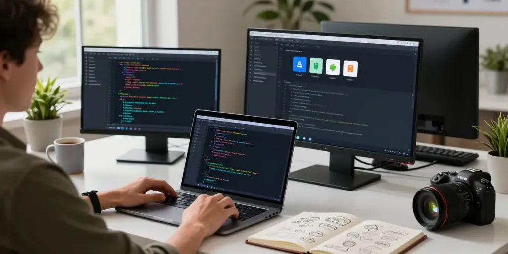 Developer using 2113 Apps in a modern workspace with code on screen