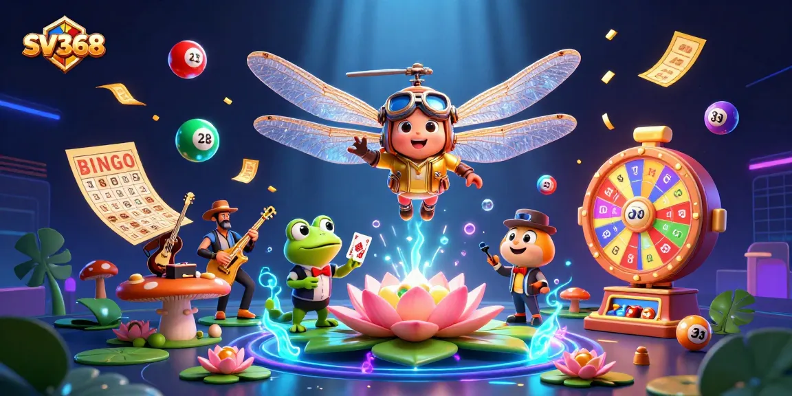 Experience thrilling gaming action with SV368's vibrant casino scene featuring a dragonfly pilot and frog croupier.