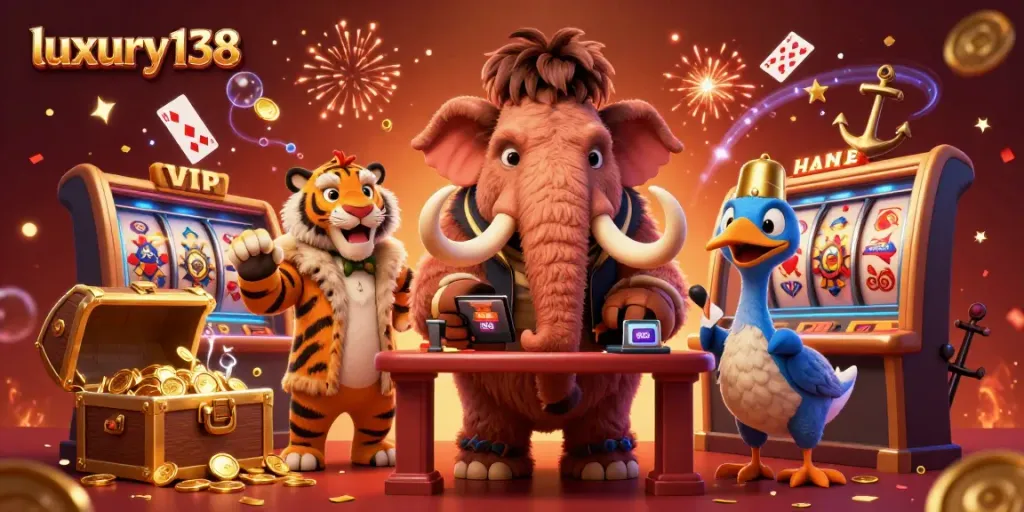 Experience the thrill of luxury138 at the casino with vibrant characters and game elements in a rich 3D environment.