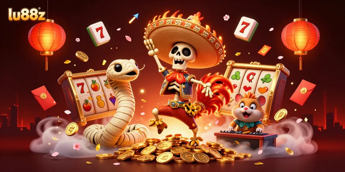 Spin and win at lu88z with vibrant 3D characters and casino elements in this illustration.