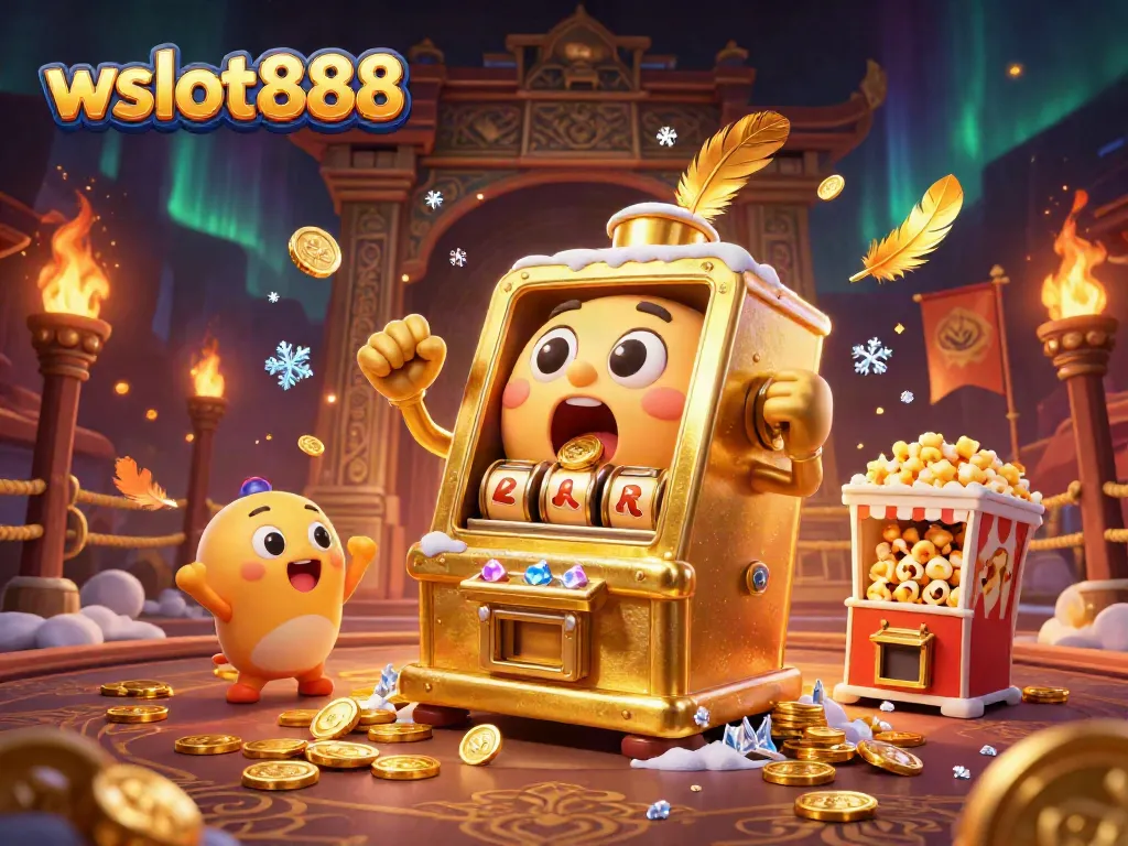 Mesin slot wslot888 yang bahagia dalam jackpot, dikelilingi simbol keberuntungan dan koin emas.