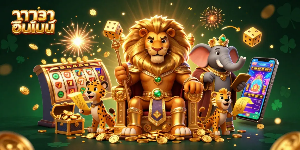 Engage in บาคาร่าออนไลน์ excitement with vibrant 3D casino scene featuring a lion king, elephant, and cheetah.