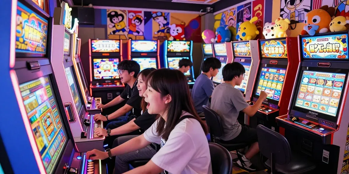 Friends celebrating wins at a vibrant slot jepang machine in an arcade.
