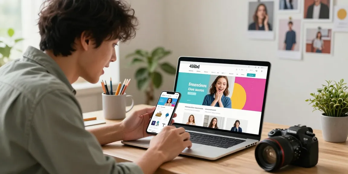 User engaging with the 456bd online shopping platform, exploring vibrant products in a cozy home office.