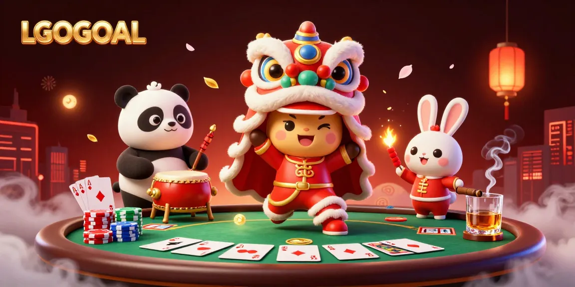 Experience thrilling moments with LGOGOAL in a vibrant 3D casino illustration, featuring poker elements and festive characters.