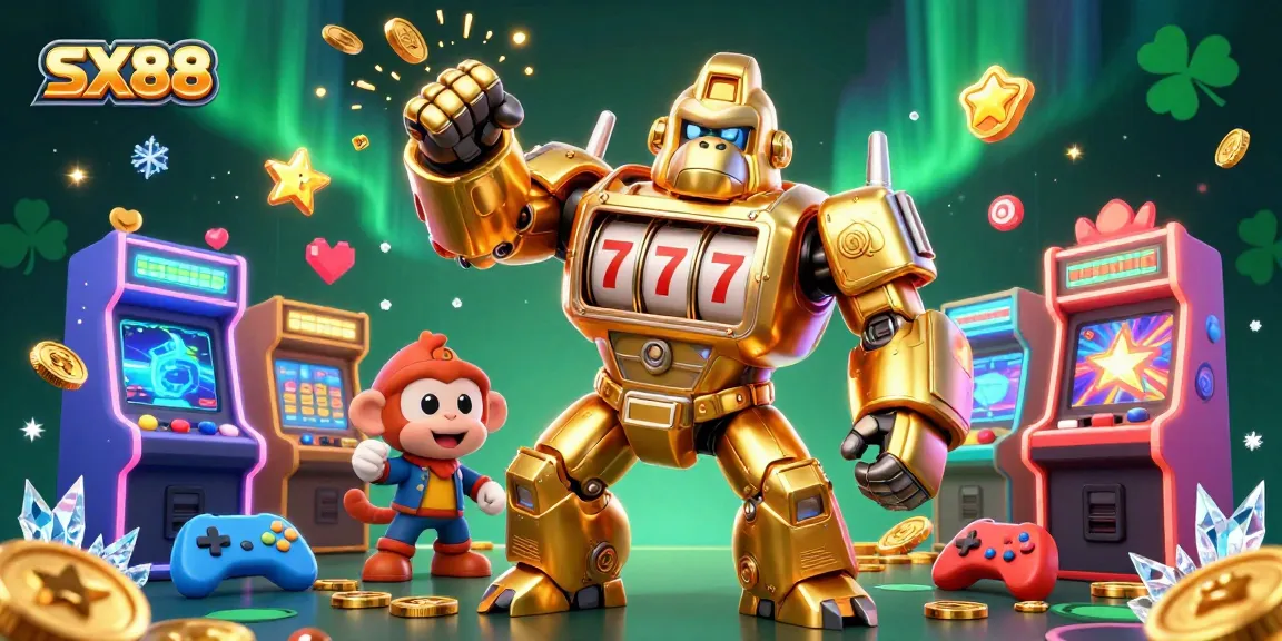SX88's golden gorilla mech theme dominates a vibrant online casino gaming scene.