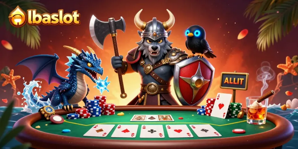 Gambarkan albaslot sebagai platform judi bola dengan karakter menarik dan detail poker yang menonjol.