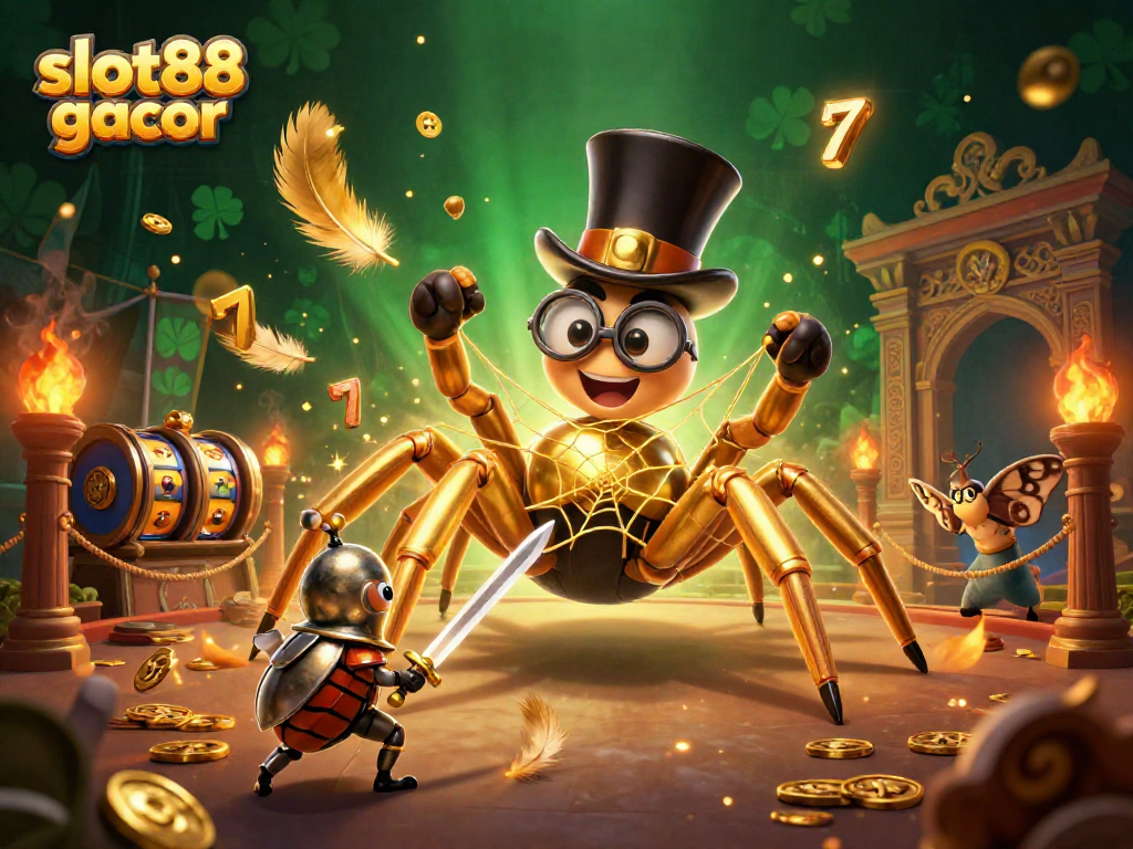 Experience thrilling gameplay with slot88 gacor amid a vibrant, animated casino scene filled with action.
