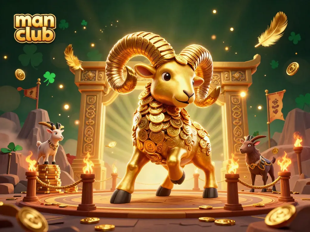 Experience the thrill of cash wins at man club with a dynamic illustration of a 3D golden ram and immersive game elements.