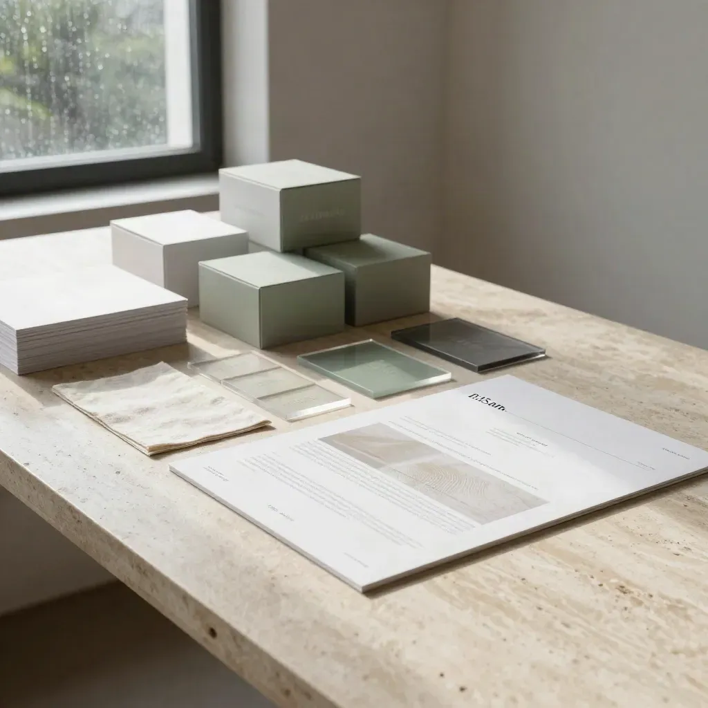 Brand identity mockups on a stone table in a hazy loft with soft morning light