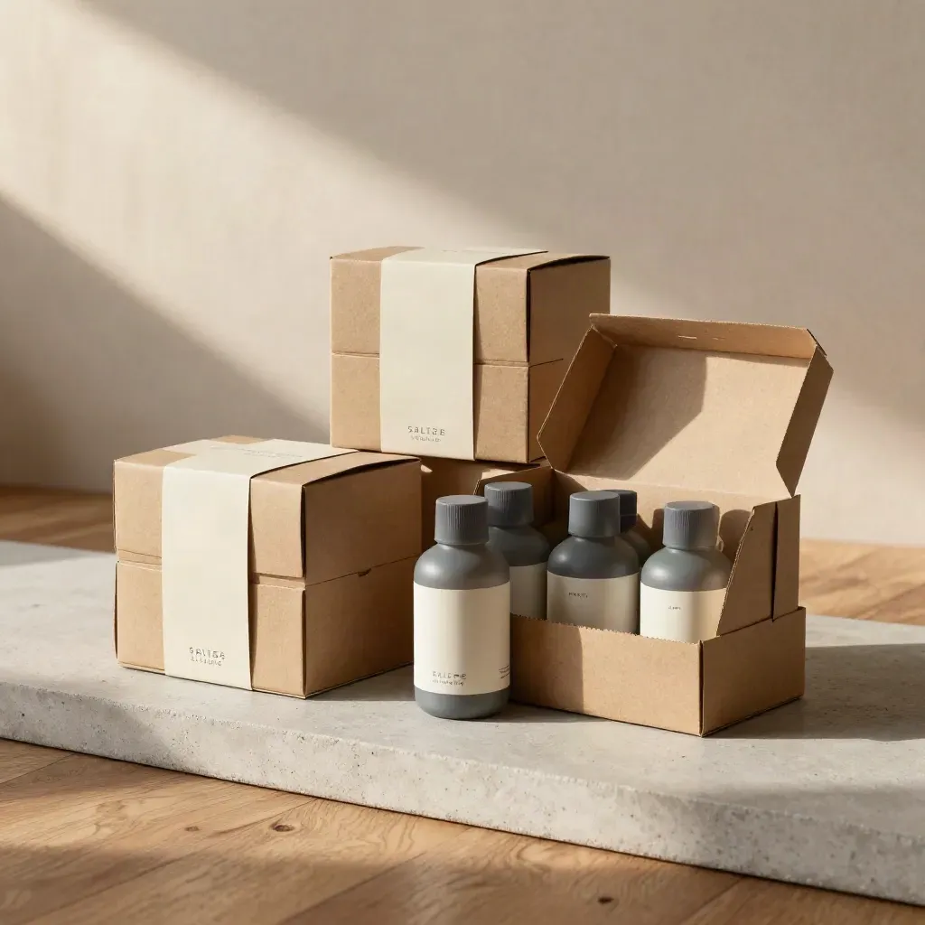 Packaging mockups on concrete, half-open box revealing nested sleeves and bottles.