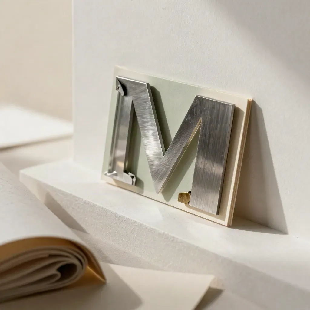 Sage-accented logo mark assembled from acrylic, embossed card and metal on a sunlit plaster ledge