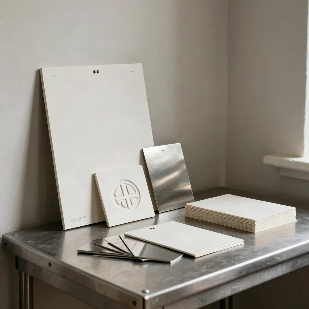 Identity system mockup with logo tile, color chips, stationery board, and packaging sleeve in a studio corner.