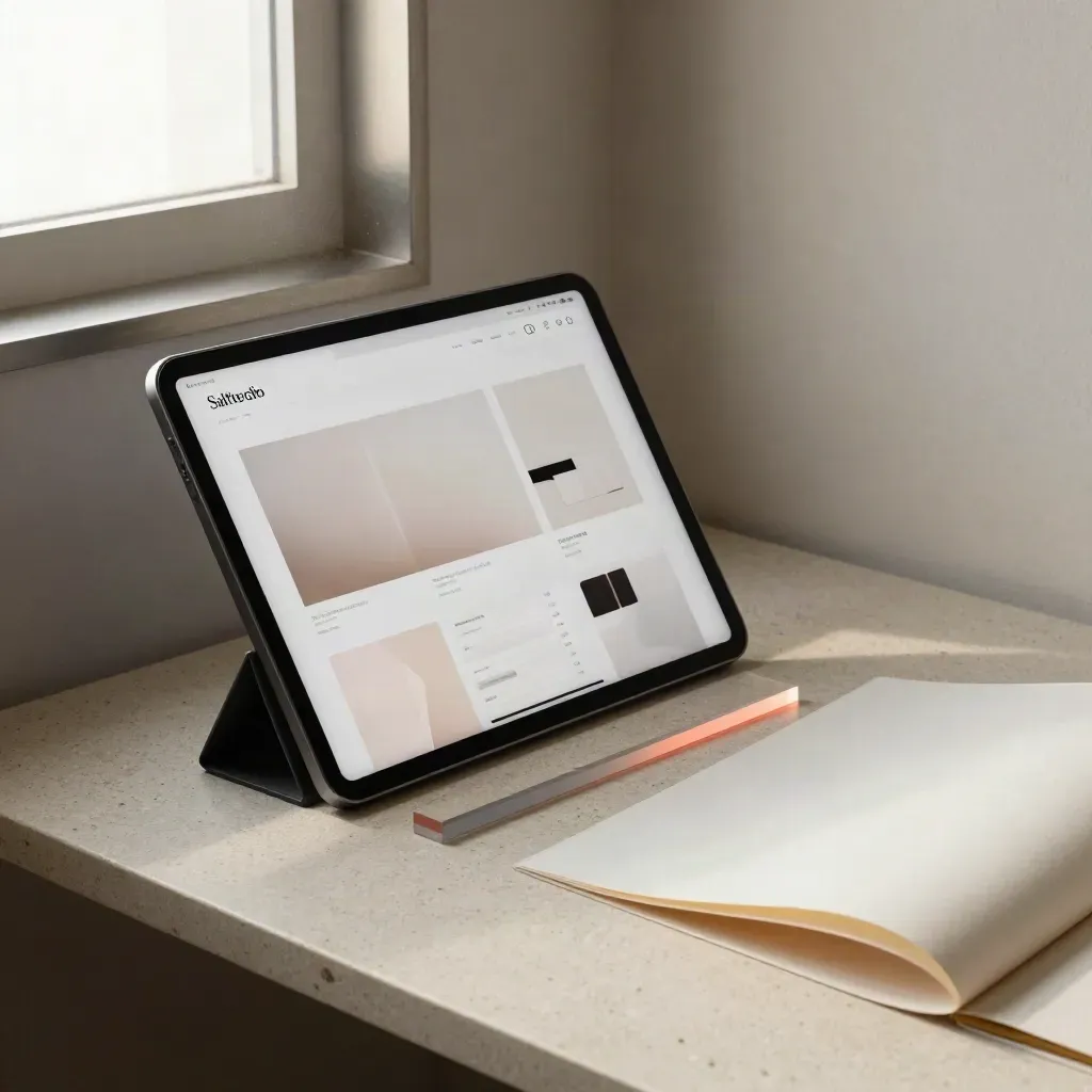 Frosted website mockup on a tablet stand beside a layout board in a moody studio nook.