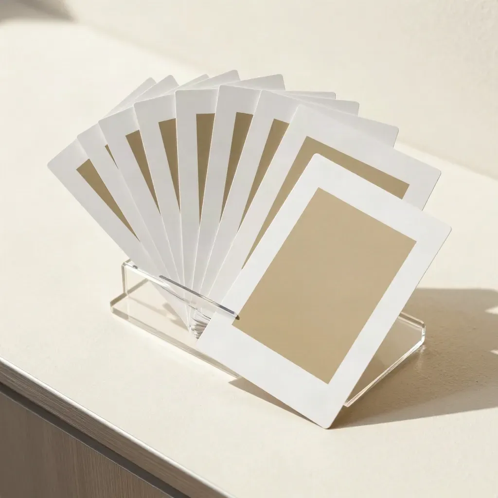 Vertical social media mockup cards fanning on a clear acrylic riser in bright daylight.