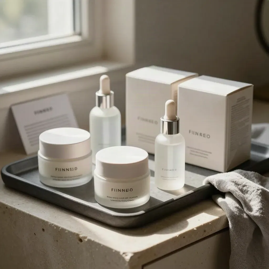 Skincare launch kit with cream jars, serum bottles and cartons on a stone vanity in warm window light.