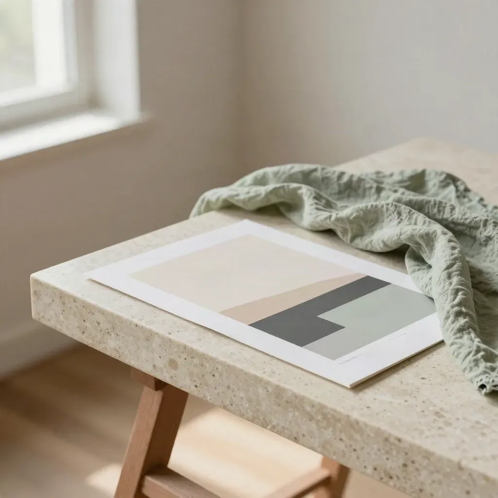 Travertine plinth, sage linen, and campaign proof print in a sunlit studio corner.