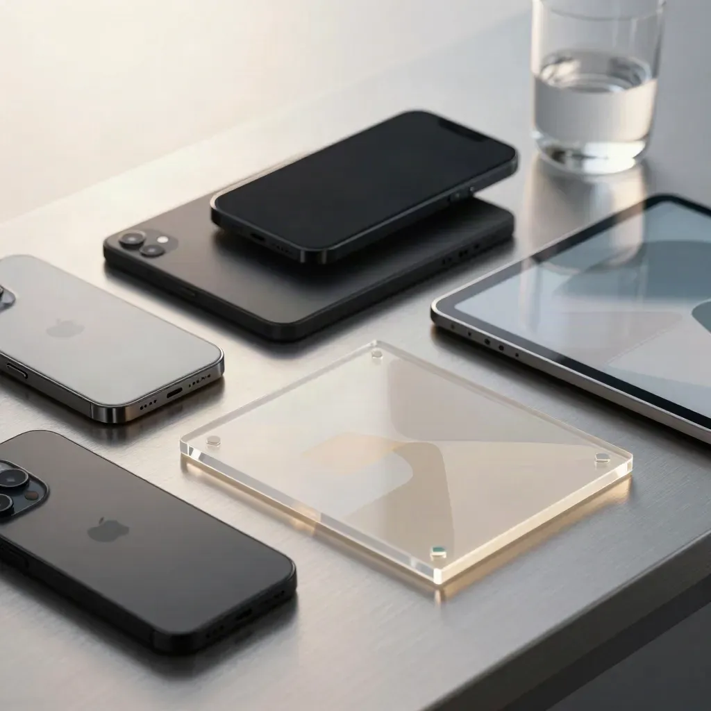 Phones, tablet, and acrylic app tiles glowing on brushed metal in a bright studio still life