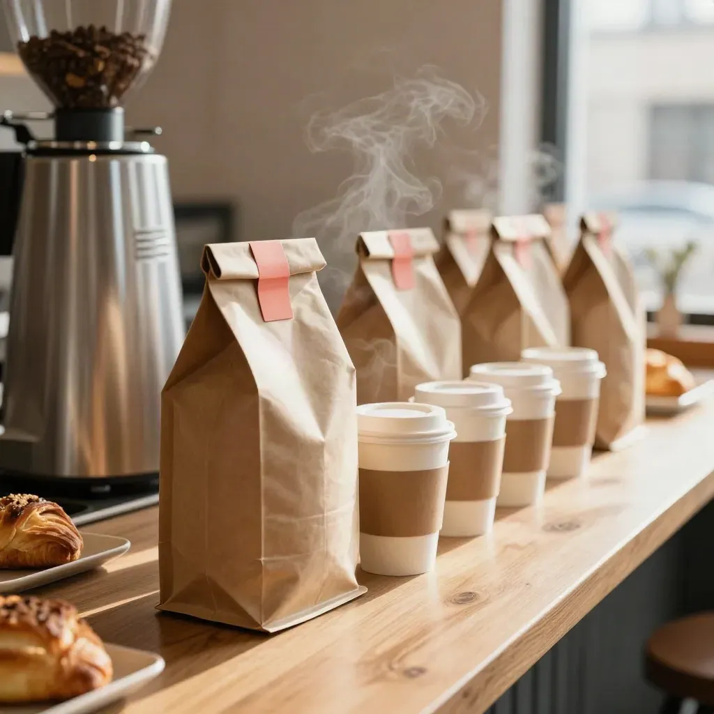 Coffee bags, takeaway cups, and preorder boxes on a café counter in warm morning light.