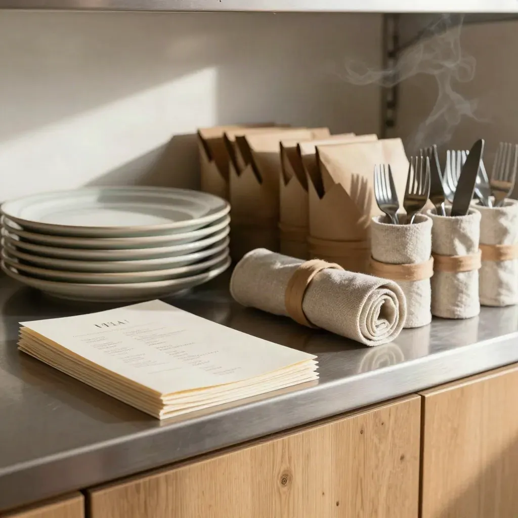 Menu cards, ceramic plates, takeaway sleeves, and linen-wrapped cutlery on a restaurant shelf.