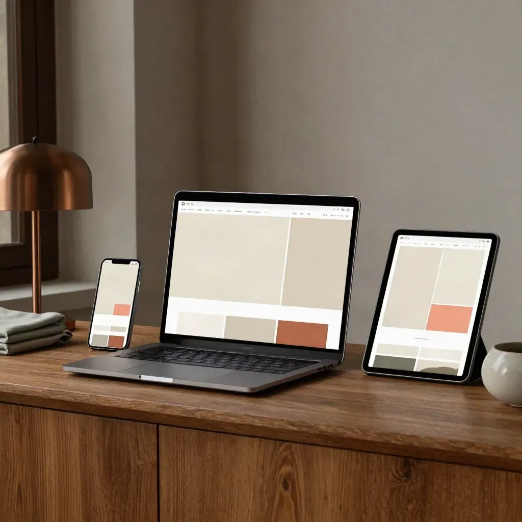 Laptop, phone, and tablet glowing on a credenza in a quiet studio interior.