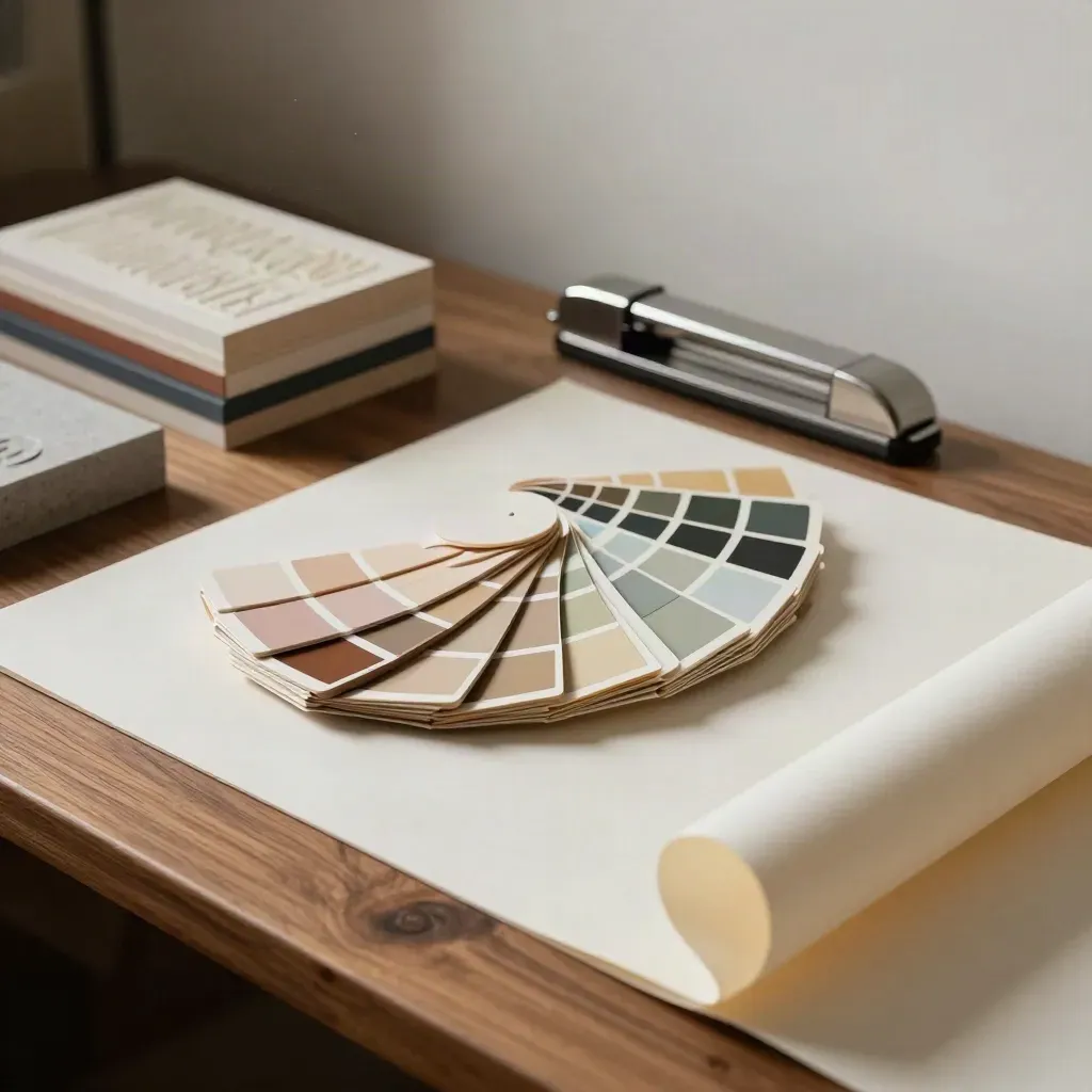 Fan of color chips, type blocks, blade sheath and stone weight on a walnut bench.