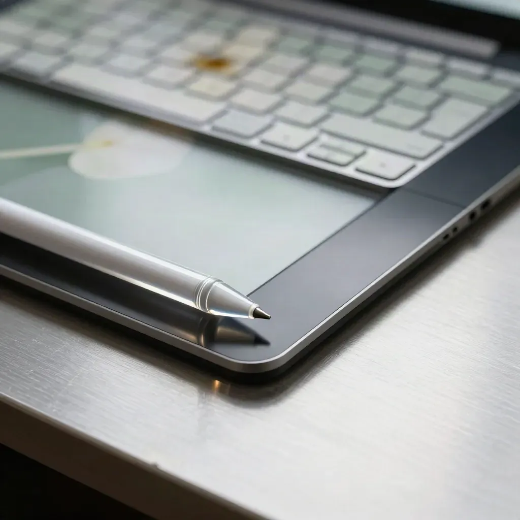 Glass stylus, tablet edge, and keyboard corner in a sleek web designer close-up.
