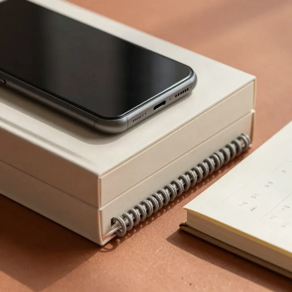 Top-down studio kit with calendar blocks, phone, notebook and cable coil on terracotta plaster.