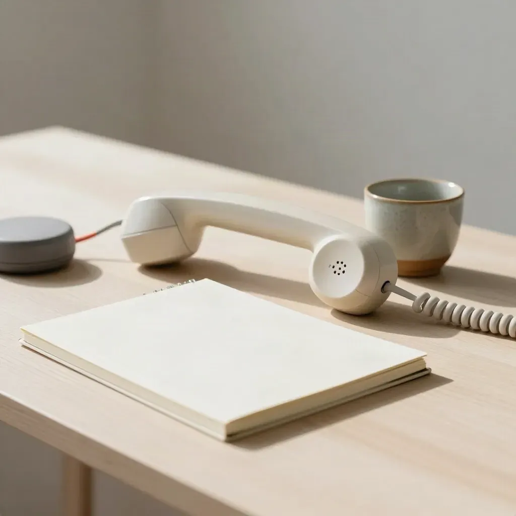 Landline handset, notebook, ceramic cup and speaker puck on pale wood in soft side light.