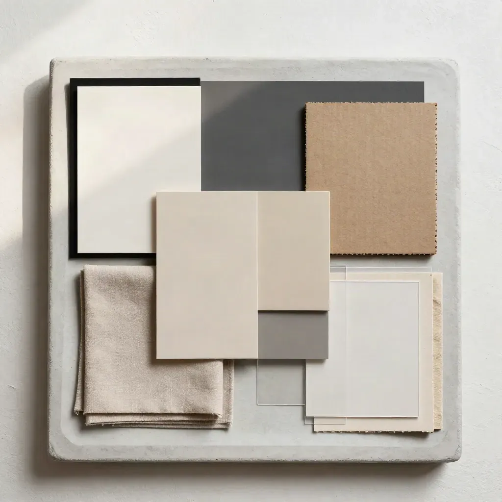 Overhead mood-board still life with color chips, swatches, cardboard squares and tracing sleeves on stone.