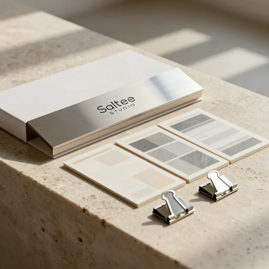Brushed logo plaque, box sleeve, layout cards and clips on a warm limestone surface.