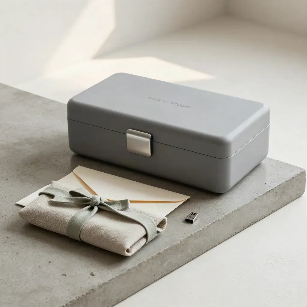Sealed presentation case, USB pouch, archival envelope and sage wrap on pale concrete.