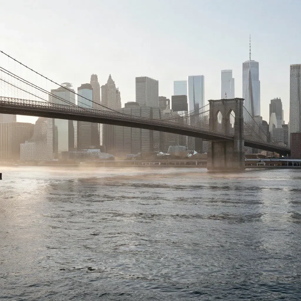 Manhattan skyline rises through East River mist at sunrise with calm open water below.
