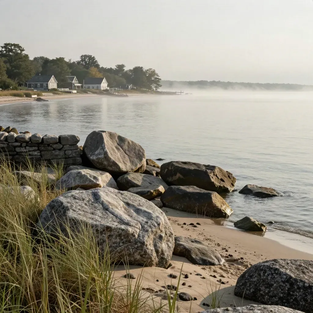 Rocky Connecticut shoreline with a low stone wall, misty water, and distant town edge