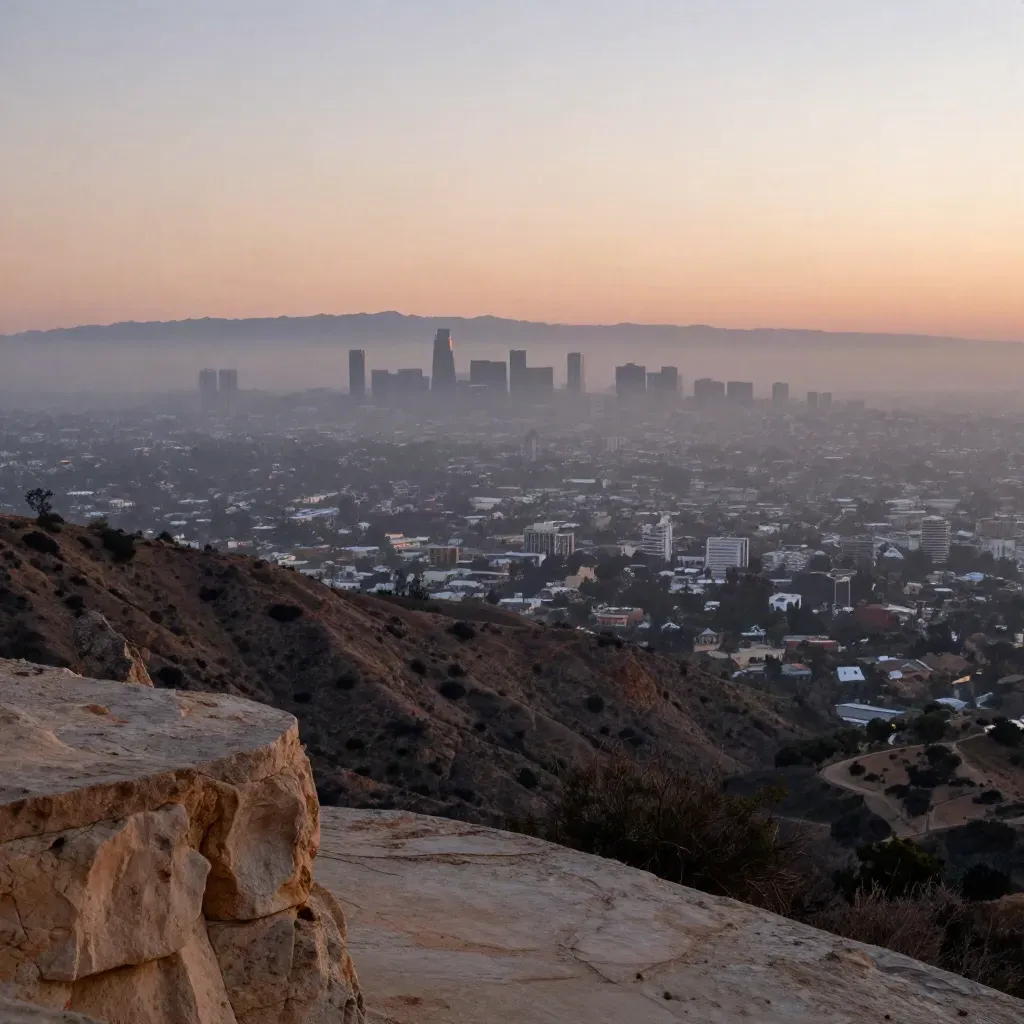 Los Angeles basin at blue hour from a hillside overlook, hazy ridgelines and city silhouettes