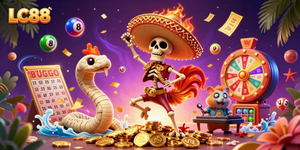 LC88 showcases a vibrant victory dance with a mariachi rooster and golden coins amidst lively gambling elements.