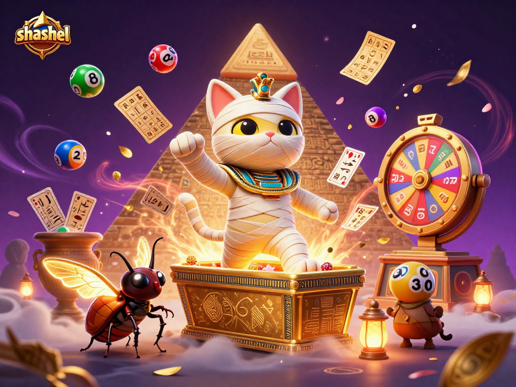 Experience excitement with shashel as the Egyptian mummy cat and scarab unleash the fun in a vibrant casino scene.