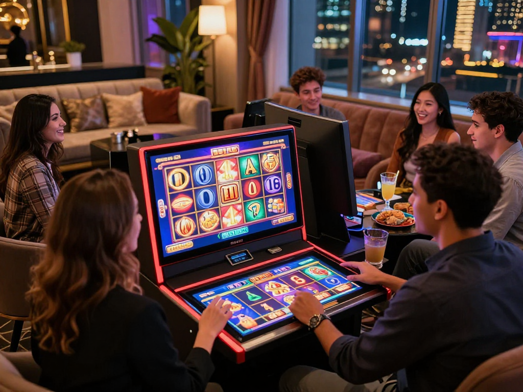 Slot88 permainan mesin slot yang menarik dengan pemain antusias di lounge mewah