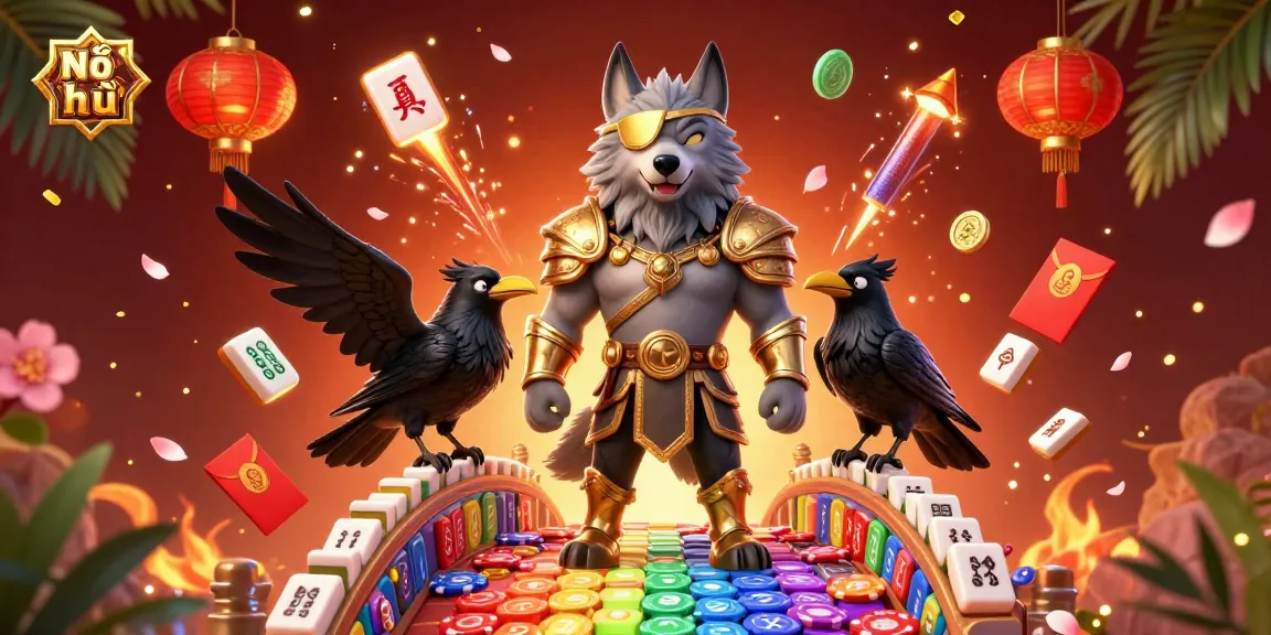 Nổ hũ spins with excitement in a vibrant casino scene featuring mythical characters and festive elements.