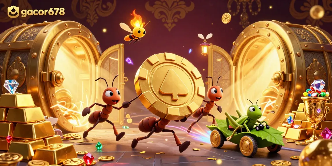 Ants running a heist with golden chips in a vibrant casino scene featuring gacor678.