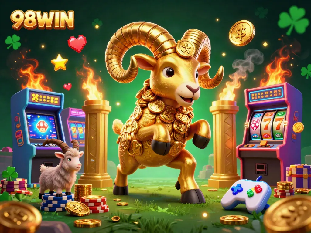 Spin the reels with 98WIN’s exciting gaming scene featuring a golden ram and vibrant elements!