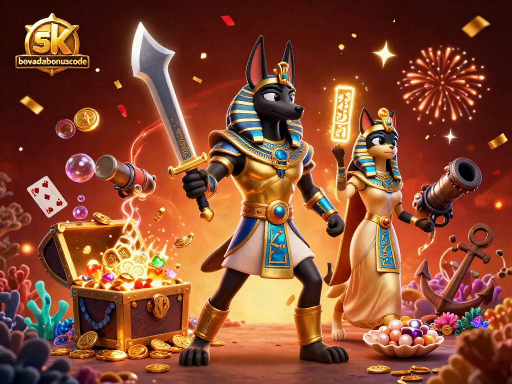 Experience thrilling action with BovadaBonusCode, as ancient Egyptian characters celebrate with casino treasures.