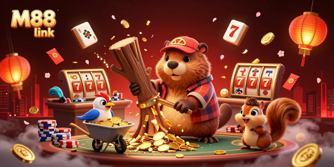 Experience fun with M88 link as a beaver collects coins in this colorful, casino-themed illustration.