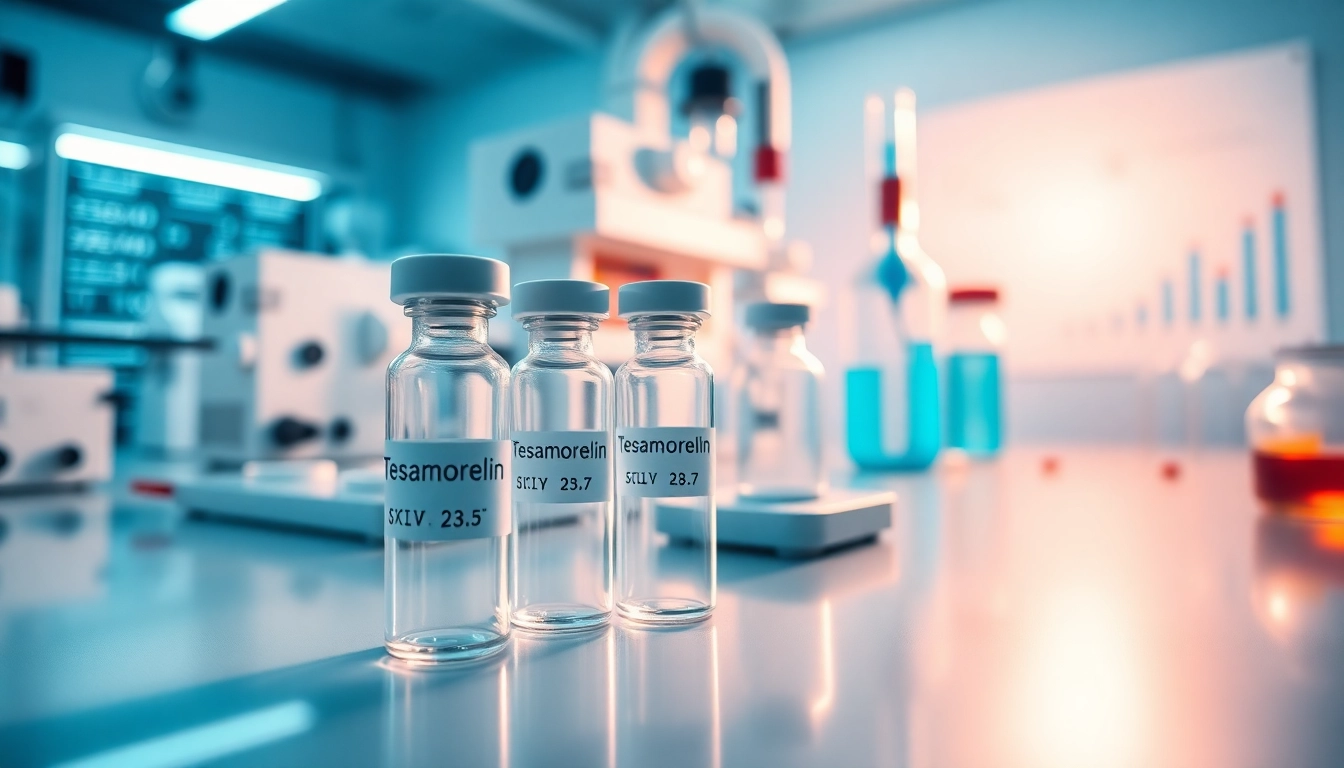 Buy tesamorelin showcased in a professional lab setting highlighting peptide research details.